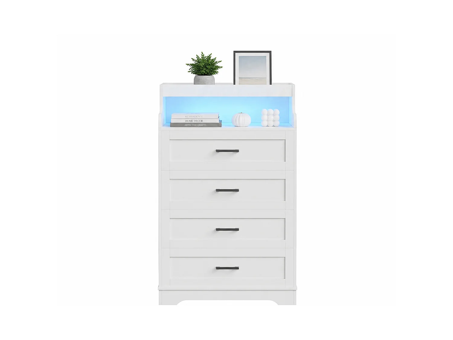 Commode indépendante 73×39.5×114 cm - Armoire à 4 tiroirs avec lumières LED RVB et compartiment ouvert - Armoire en bois - blanc