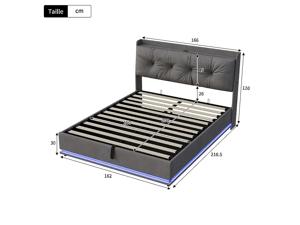 Lit de rangement 160 x 200 cm - Lit rembourré avec LED et USB & Type-C - Lit hydraulique avec tête tufted et sac en tissu latéral - Velvet - gris