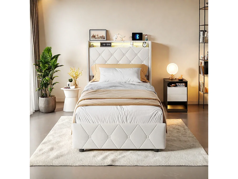 Lit plateforme rembourré 90×200 cm - Lit simple avec LED et USB - 2 tiroirs de rangement roulants  Cadre de lit diamant - Velvet - Beige