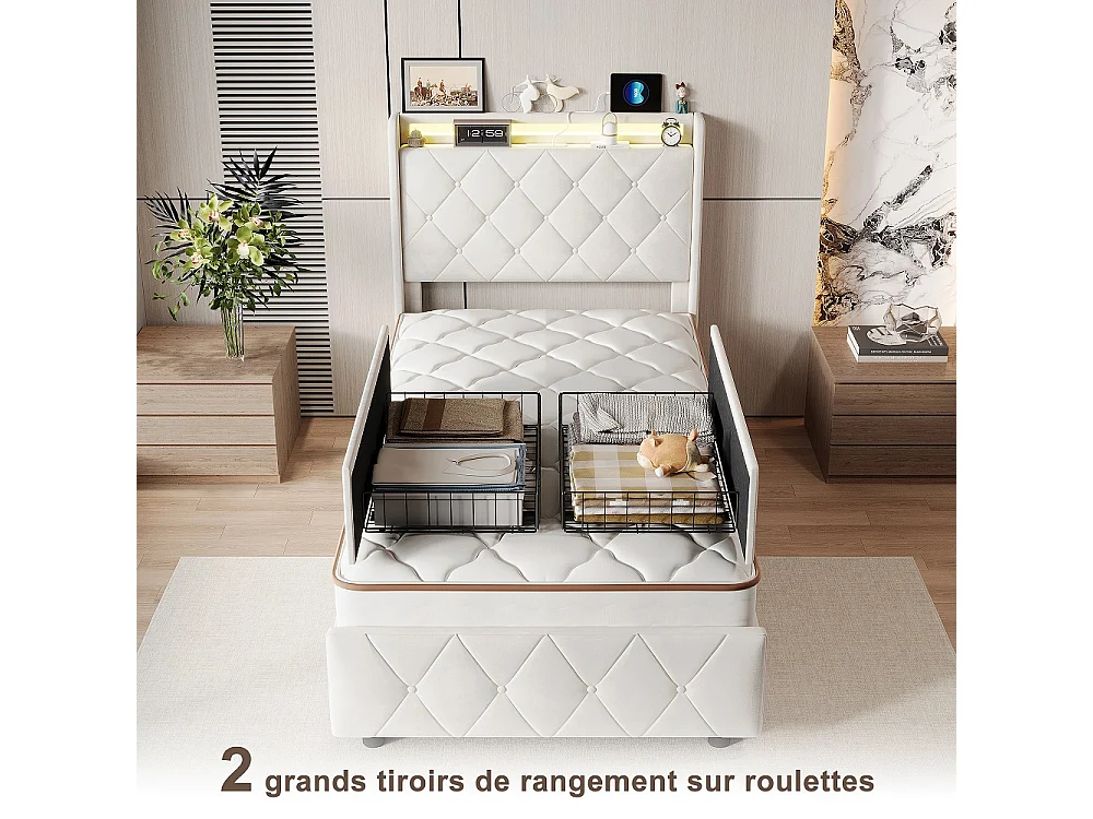 Lit plateforme rembourré 90×200 cm - Lit simple avec LED et USB - 2 tiroirs de rangement roulants  Cadre de lit diamant - Velvet - Beige