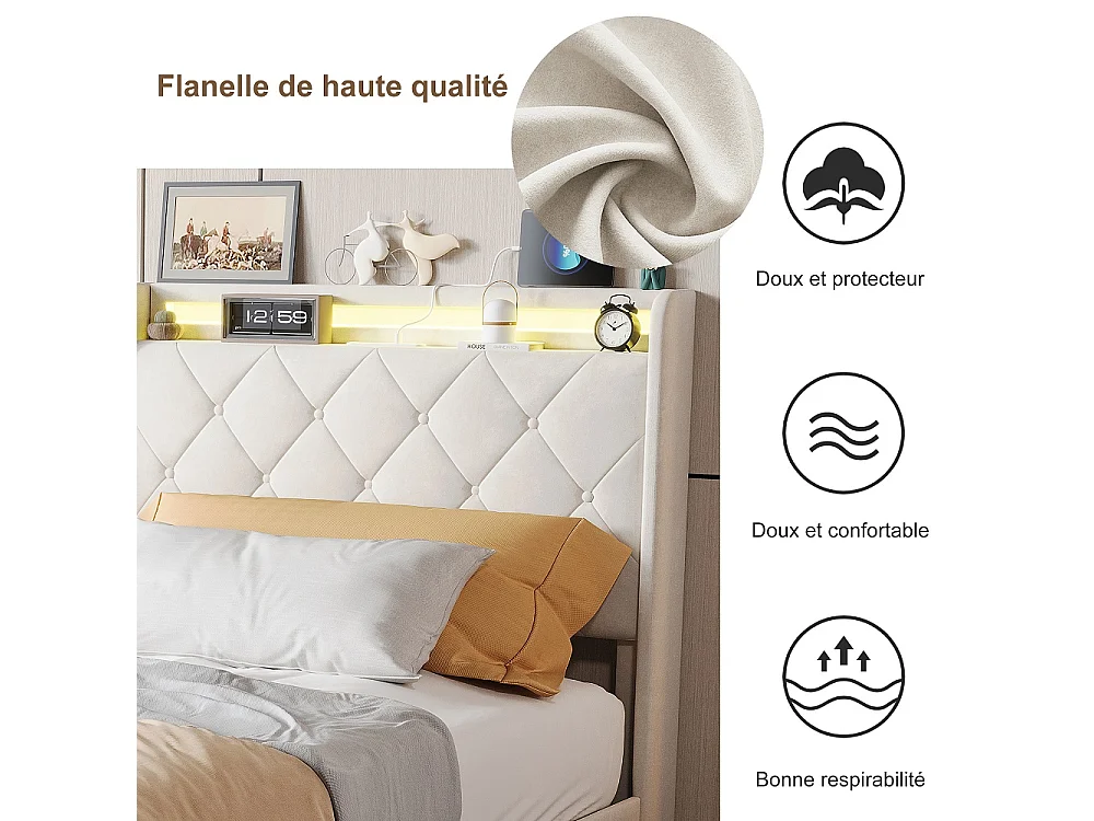 Lit plateforme rembourré 90×200 cm - Lit simple avec LED et USB - 2 tiroirs de rangement roulants  Cadre de lit diamant - Velvet - Beige