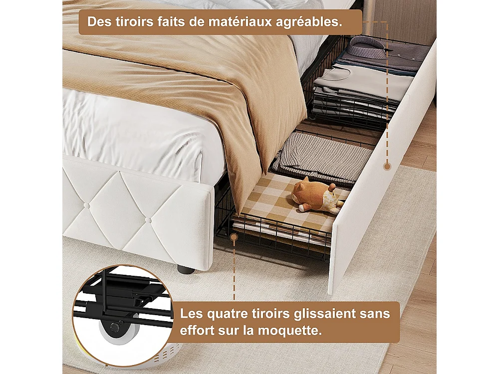 Lit plateforme rembourré 90×200 cm - Lit simple avec LED et USB - 2 tiroirs de rangement roulants  Cadre de lit diamant - Velvet - Beige