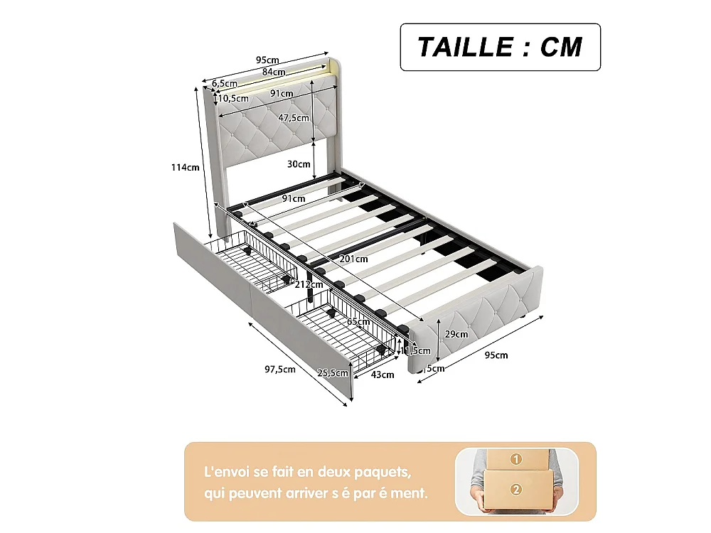 Lit plateforme rembourré 90×200 cm - Lit simple avec LED et USB - 2 tiroirs de rangement roulants  Cadre de lit diamant - Velvet - Beige