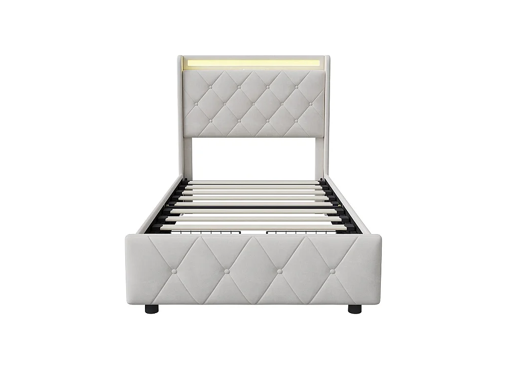 Lit plateforme rembourré 90×200 cm - Lit simple avec LED et USB - 2 tiroirs de rangement roulants  Cadre de lit diamant - Velvet - Beige