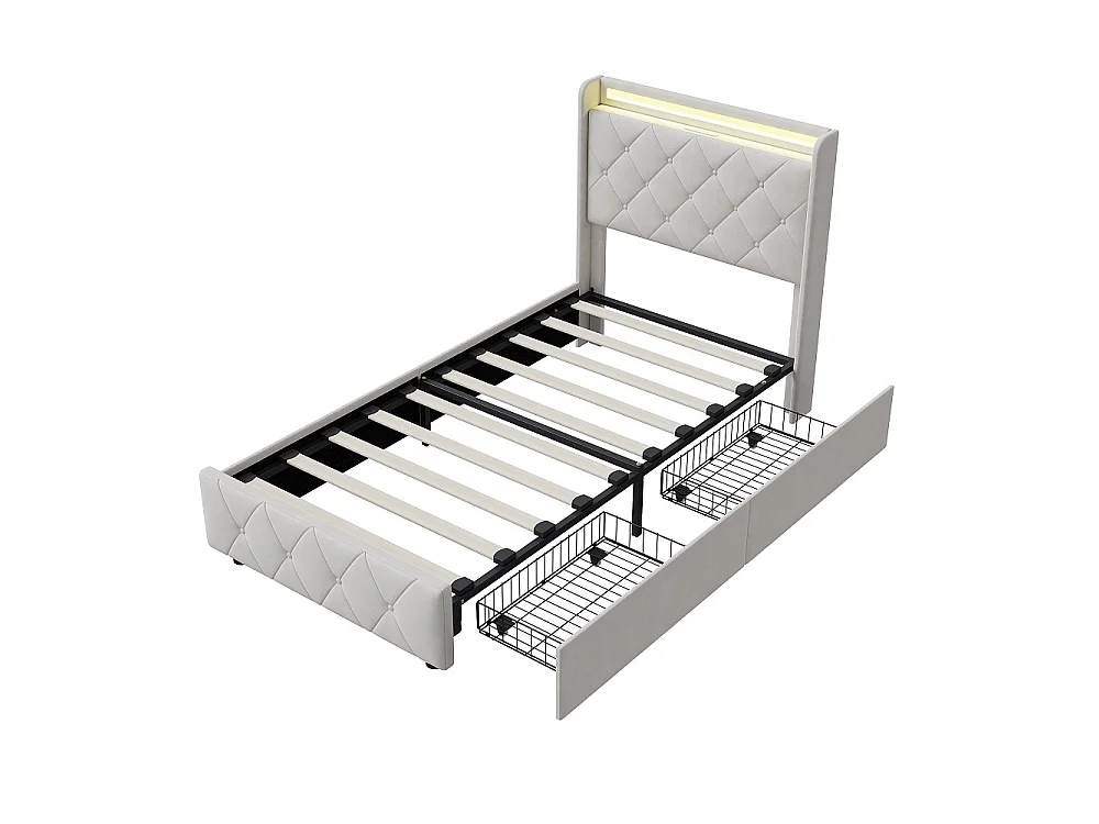 Lit plateforme rembourré 90×200 cm - Lit simple avec LED et USB - 2 tiroirs de rangement roulants  Cadre de lit diamant - Velvet - Beige