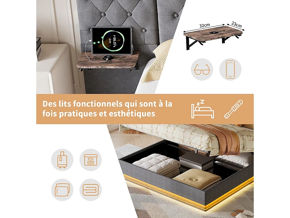 Lit rembourré 160×200 cm - Lit de rangement hydraulique avec 2 étagères latérales Large partie de tête - Lit double avec LED & USB - linge - gris