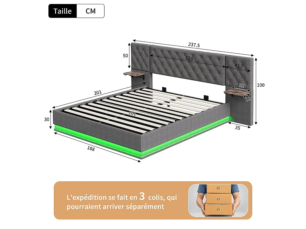 Lit rembourré 160×200 cm - Lit de rangement hydraulique avec 2 étagères latérales Large partie de tête - Lit double avec LED & USB - linge - gris