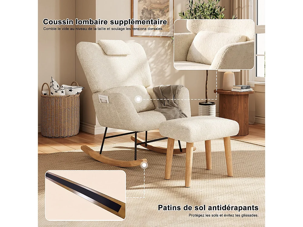 Chaise à bascule avec ottoman - chaise à bascule ergonomique avec appuie-tête et oreiller lombaire, poche latérale - fauteuil d'accent - tissu en peluche - beige