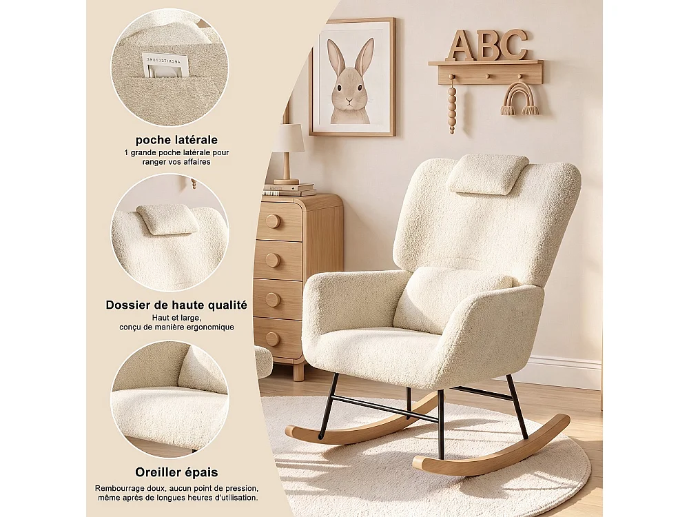 Chaise à bascule avec ottoman - chaise à bascule ergonomique avec appuie-tête et oreiller lombaire, poche latérale - fauteuil d'accent - tissu en peluche - beige