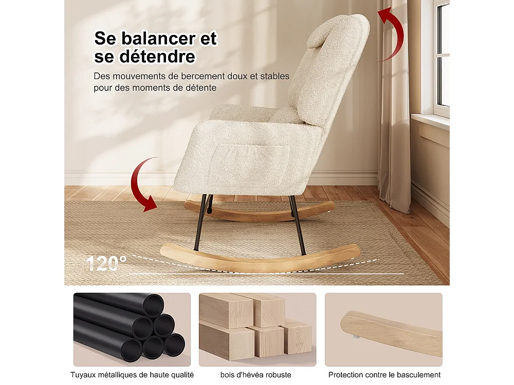 Chaise à bascule avec ottoman - chaise à bascule ergonomique avec appuie-tête et oreiller lombaire, poche latérale - fauteuil d'accent - tissu en peluche - beige