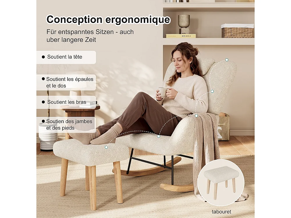 Chaise à bascule avec ottoman - chaise à bascule ergonomique avec appuie-tête et oreiller lombaire, poche latérale - fauteuil d'accent - tissu en peluche - beige