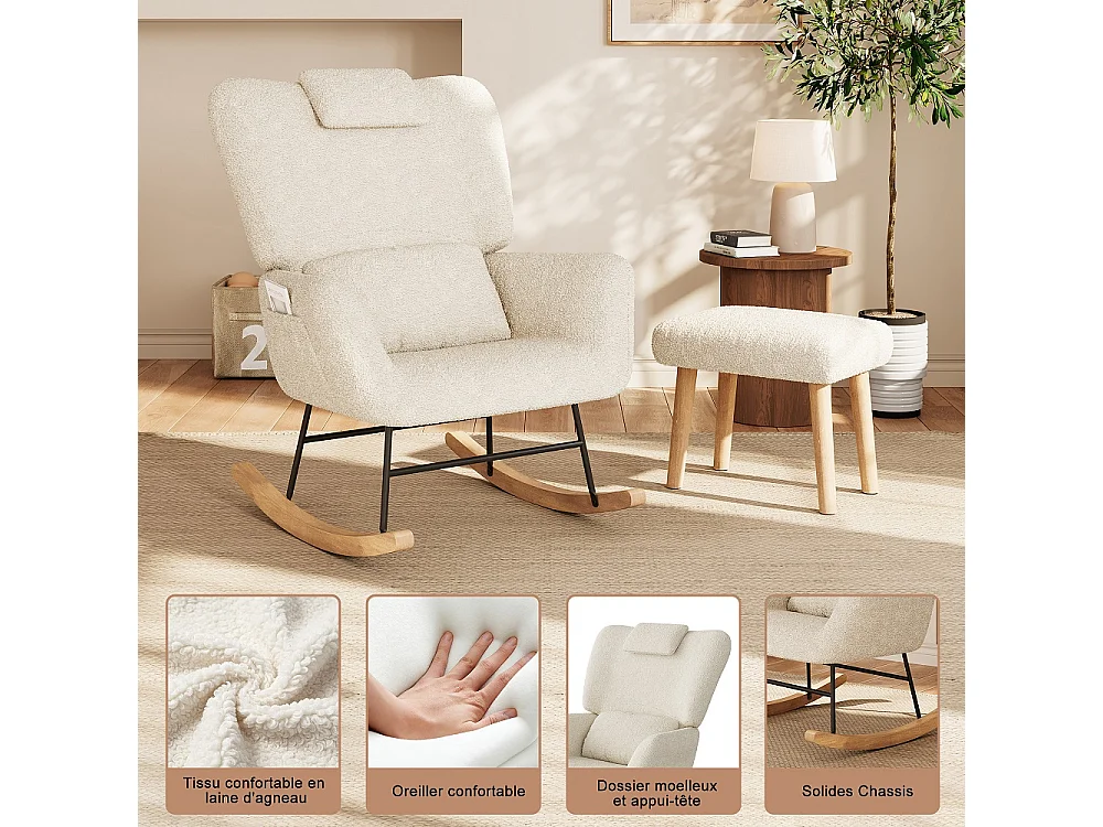 Chaise à bascule avec ottoman - chaise à bascule ergonomique avec appuie-tête et oreiller lombaire, poche latérale - fauteuil d'accent - tissu en peluche - beige