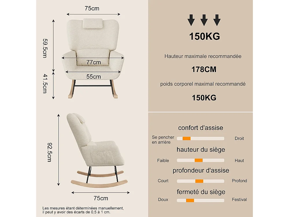 Chaise à bascule avec ottoman - chaise à bascule ergonomique avec appuie-tête et oreiller lombaire, poche latérale - fauteuil d'accent - tissu en peluche - beige
