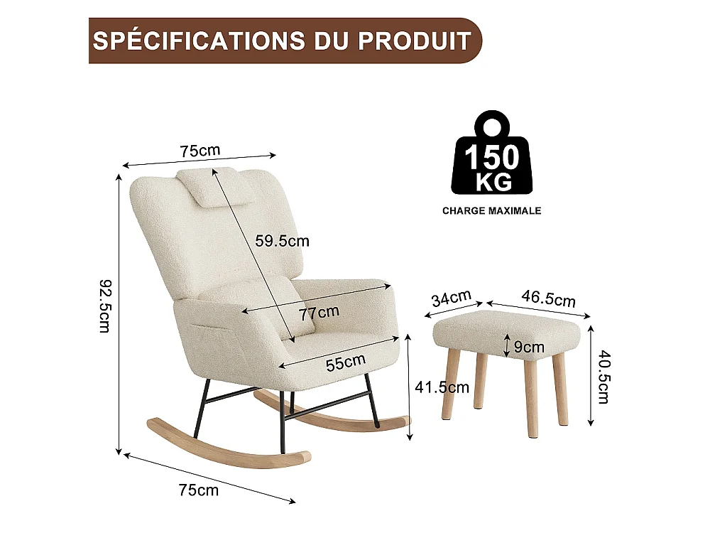 Chaise à bascule avec ottoman - chaise à bascule ergonomique avec appuie-tête et oreiller lombaire, poche latérale - fauteuil d'accent - tissu en peluche - beige