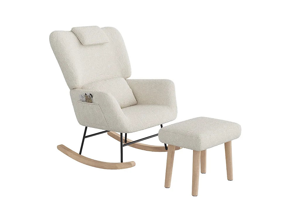 Chaise à bascule avec ottoman - chaise à bascule ergonomique avec appuie-tête et oreiller lombaire, poche latérale - fauteuil d'accent - tissu en peluche - beige