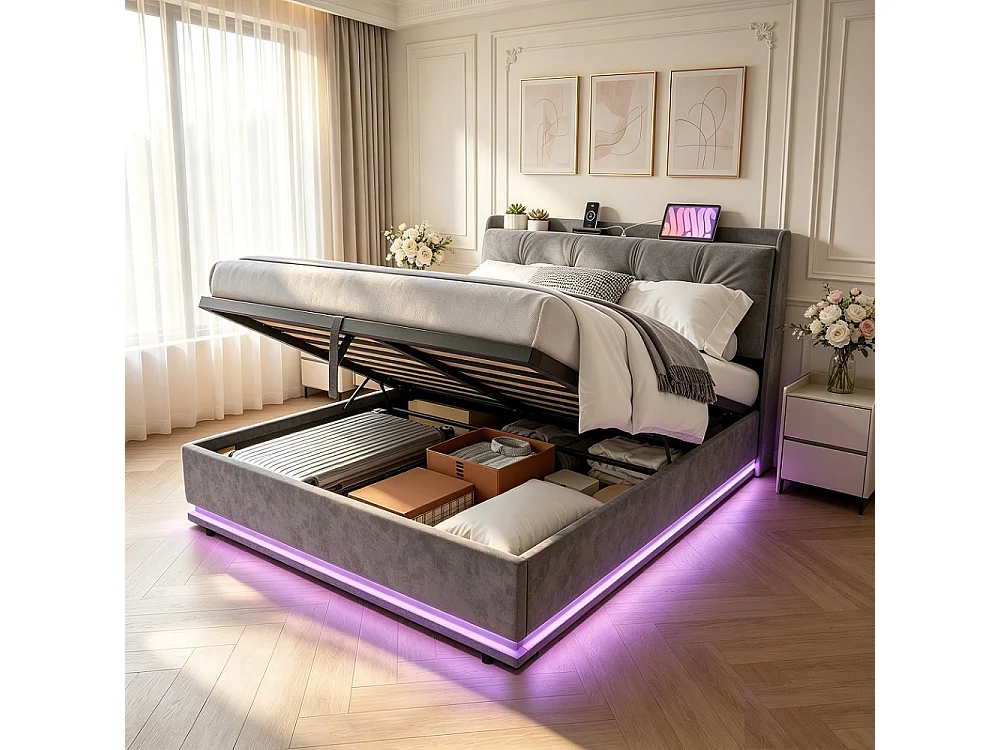 Lit de rangement 140 x 200 cm - Lit rembourré avec LED et USB & Type-C - Lit hydraulique avec tête tufted et sac en tissu latéral - Velvet - gris