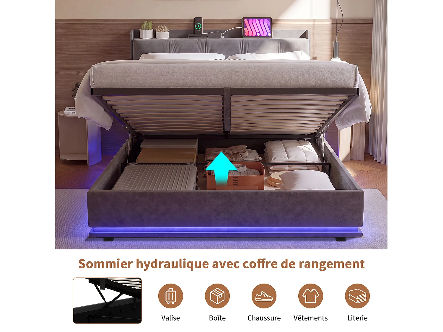Lit de rangement 140 x 200 cm - Lit rembourré avec LED et USB & Type-C - Lit hydraulique avec tête tufted et sac en tissu latéral - Velvet - gris