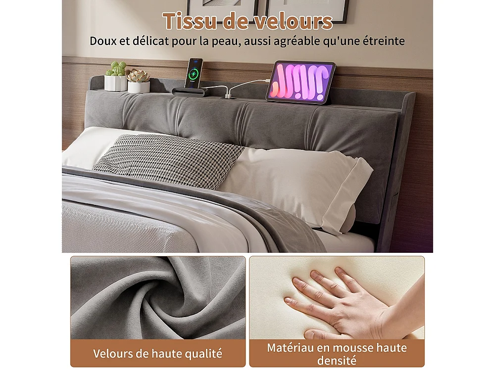 Lit de rangement 140 x 200 cm - Lit rembourré avec LED et USB & Type-C - Lit hydraulique avec tête tufted et sac en tissu latéral - Velvet - gris