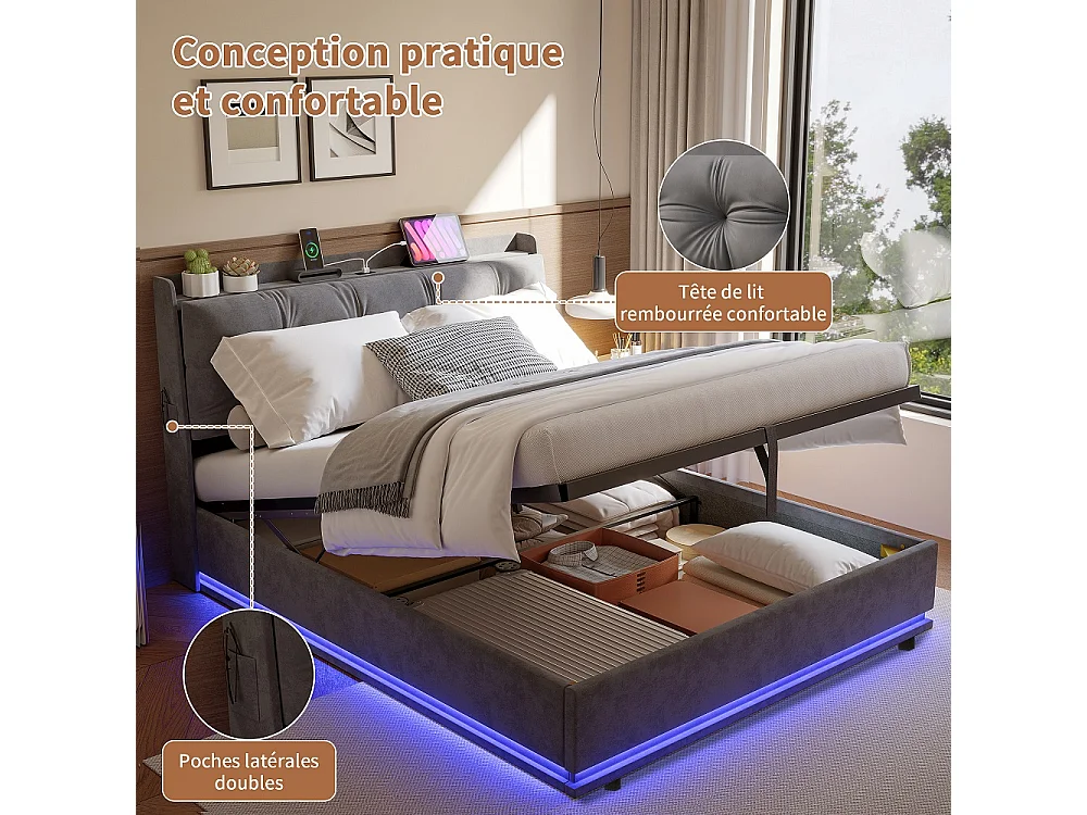 Lit de rangement 140 x 200 cm - Lit rembourré avec LED et USB & Type-C - Lit hydraulique avec tête tufted et sac en tissu latéral - Velvet - gris