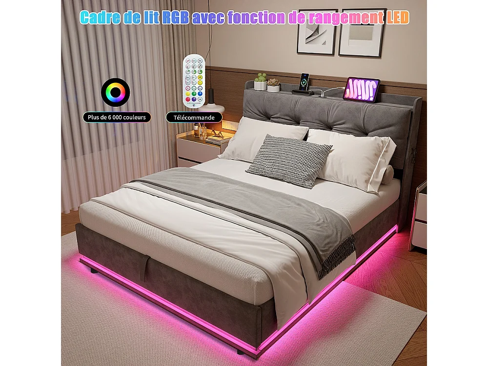 Lit de rangement 140 x 200 cm - Lit rembourré avec LED et USB & Type-C - Lit hydraulique avec tête tufted et sac en tissu latéral - Velvet - gris
