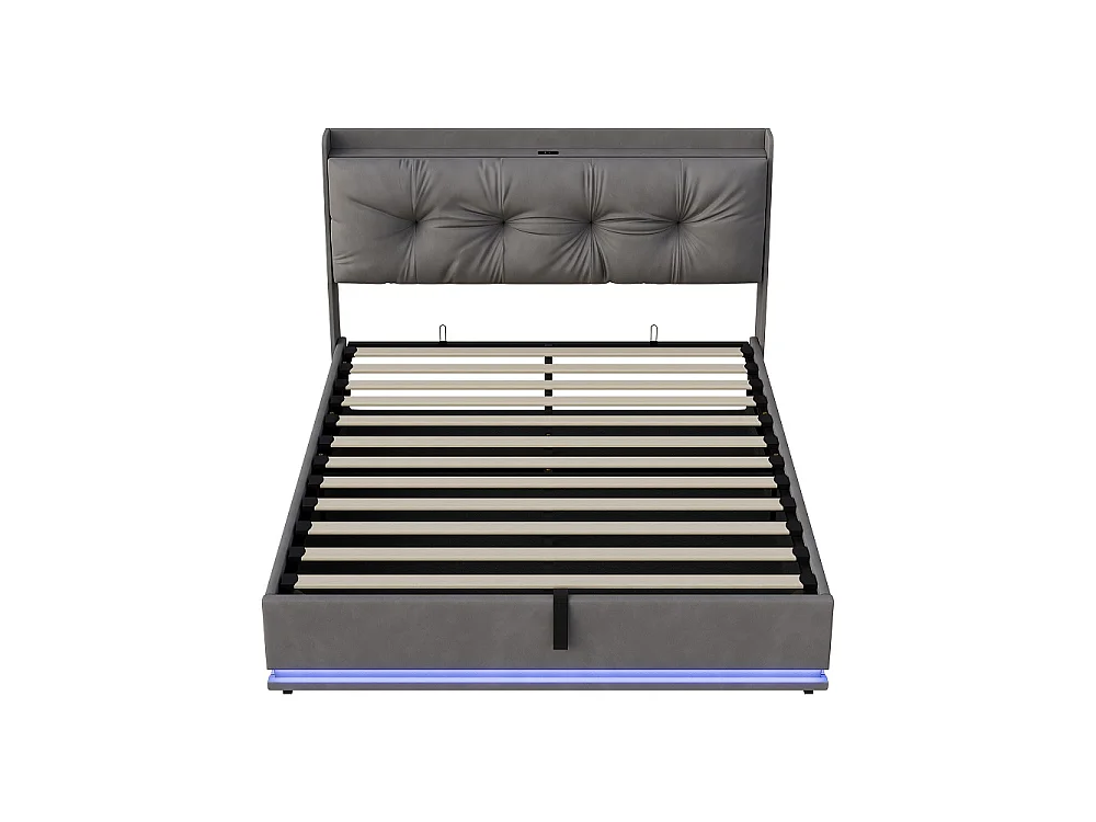 Lit de rangement 140 x 200 cm - Lit rembourré avec LED et USB & Type-C - Lit hydraulique avec tête tufted et sac en tissu latéral - Velvet - gris