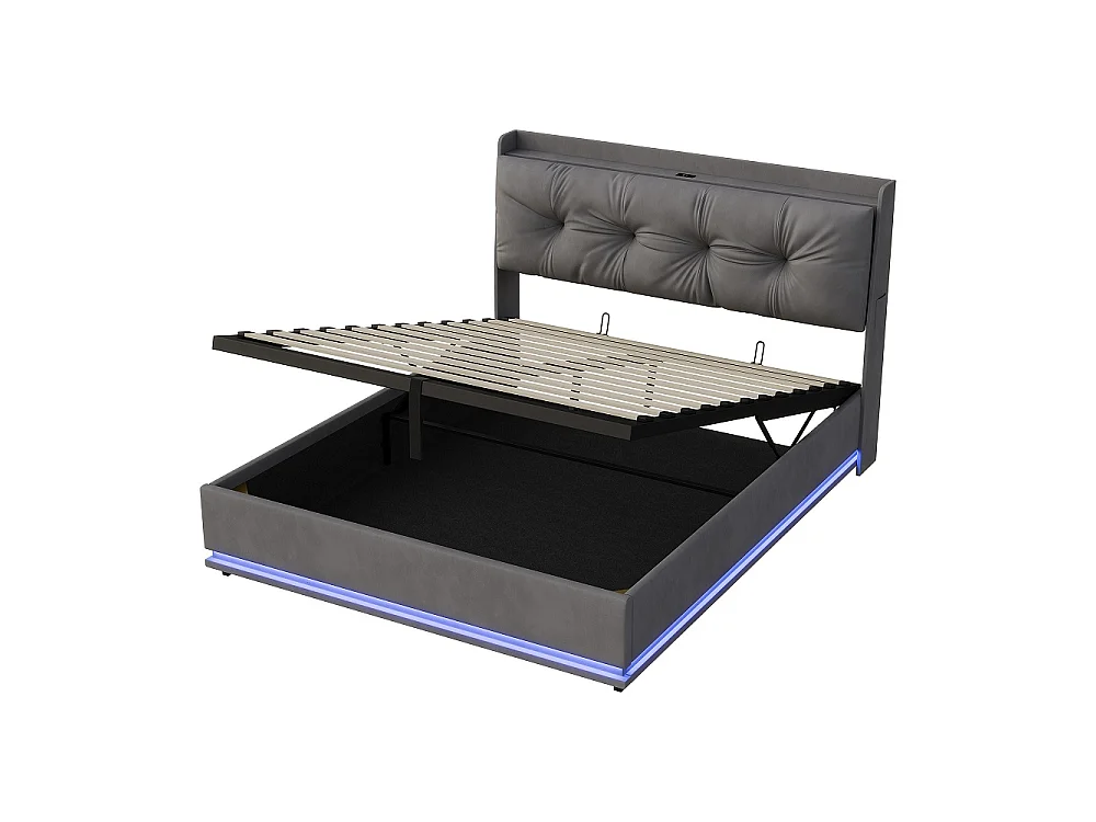 Lit de rangement 140 x 200 cm - Lit rembourré avec LED et USB & Type-C - Lit hydraulique avec tête tufted et sac en tissu latéral - Velvet - gris