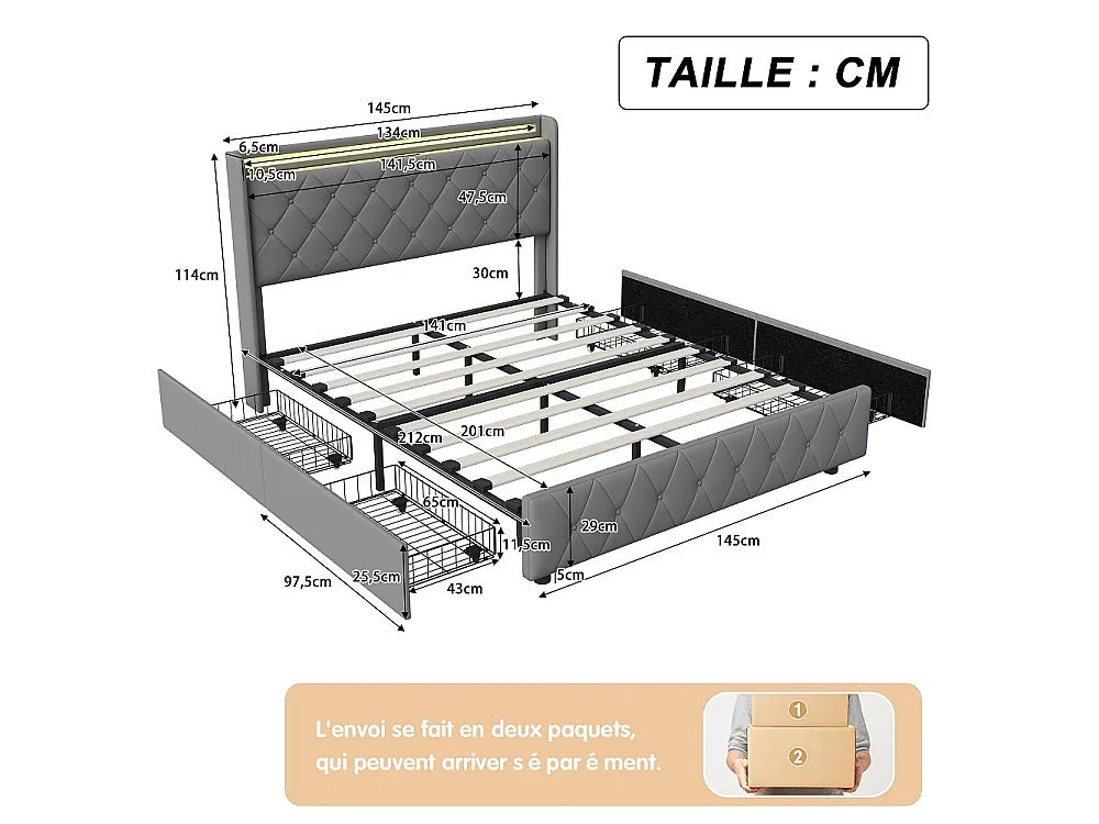 Lit rembourré 140x200 cm - Lit Tufted Diamond avec LED & USB - Lit de rangement avec 4 tiroirs de rangement roulants et lame en bois - Velvet - gris