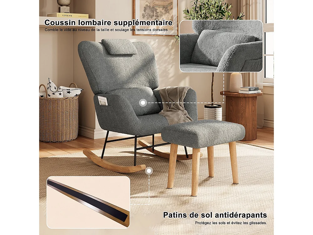 Chaise à bascule avec ottoman - chaise à bascule ergonomique avec appuie-tête et oreiller lombaire, poche latérale - fauteuil d'accent - tissu en peluche - gris