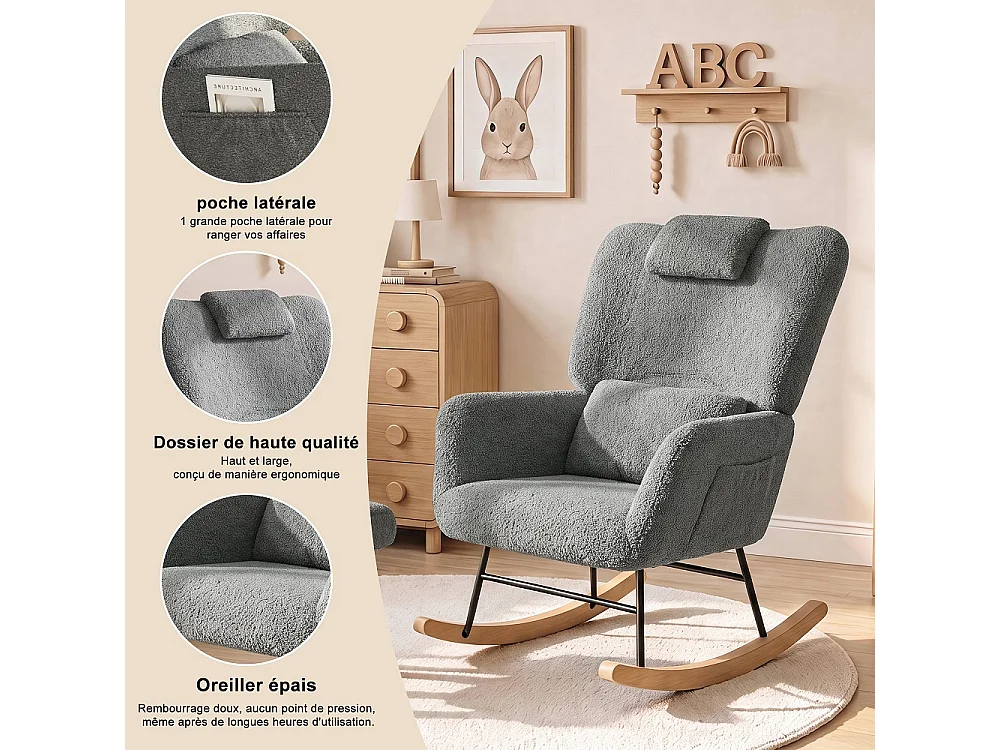Chaise à bascule avec ottoman - chaise à bascule ergonomique avec appuie-tête et oreiller lombaire, poche latérale - fauteuil d'accent - tissu en peluche - gris
