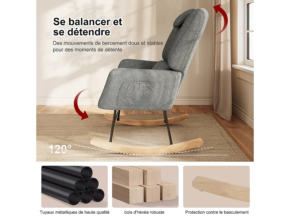 Chaise à bascule avec ottoman - chaise à bascule ergonomique avec appuie-tête et oreiller lombaire, poche latérale - fauteuil d'accent - tissu en peluche - gris