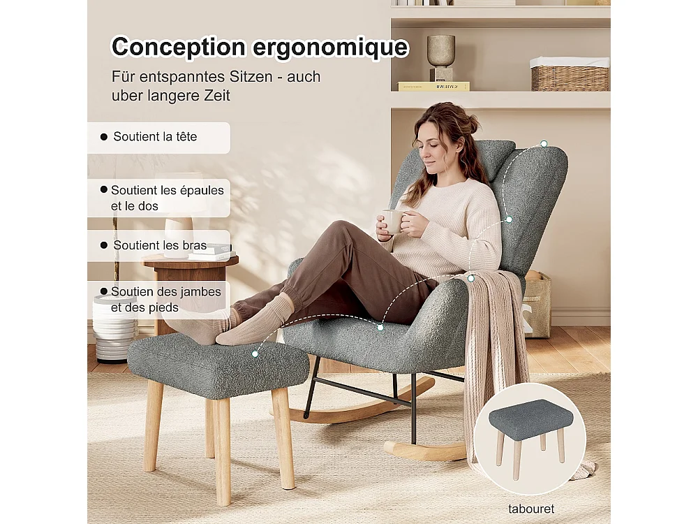 Chaise à bascule avec ottoman - chaise à bascule ergonomique avec appuie-tête et oreiller lombaire, poche latérale - fauteuil d'accent - tissu en peluche - gris