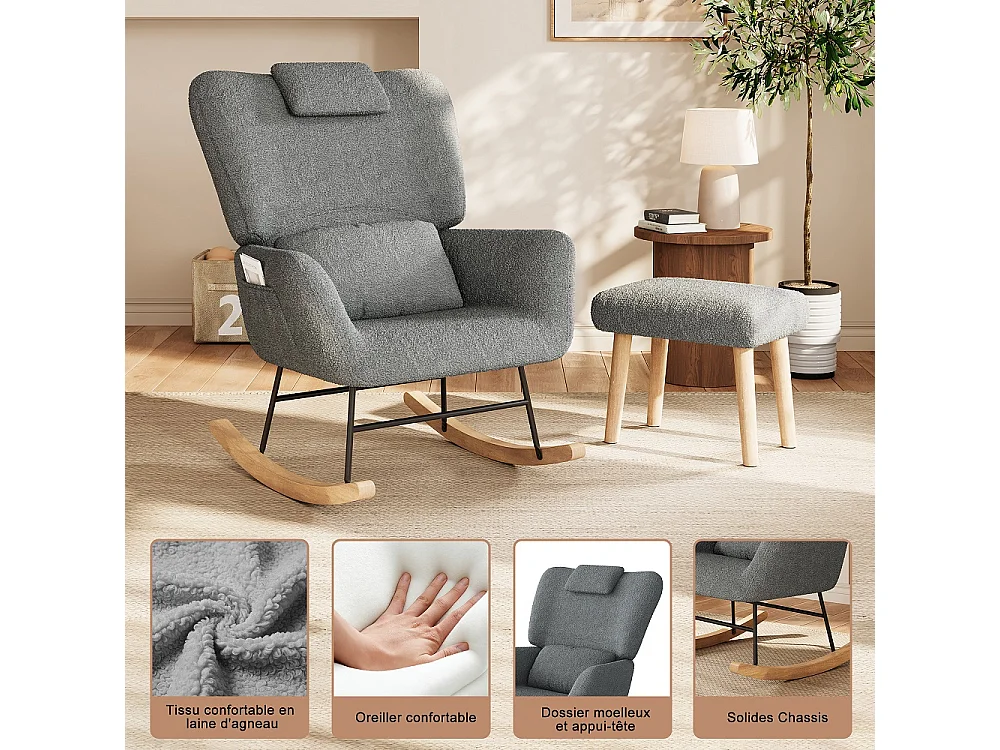 Chaise à bascule avec ottoman - chaise à bascule ergonomique avec appuie-tête et oreiller lombaire, poche latérale - fauteuil d'accent - tissu en peluche - gris