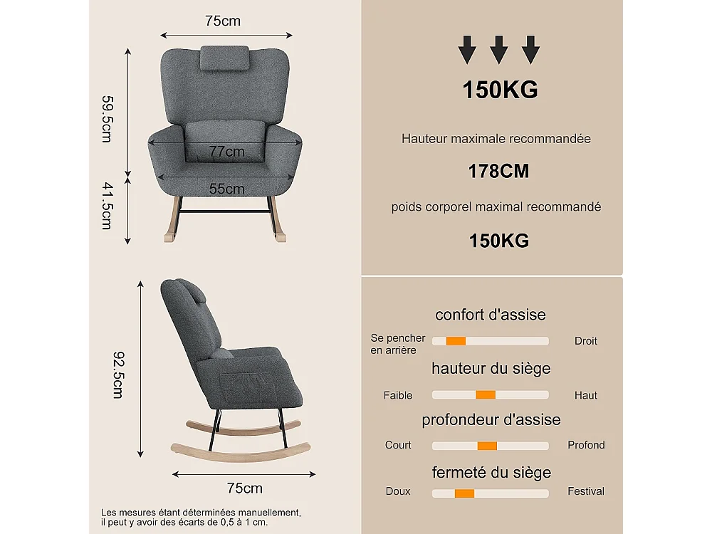 Chaise à bascule avec ottoman - chaise à bascule ergonomique avec appuie-tête et oreiller lombaire, poche latérale - fauteuil d'accent - tissu en peluche - gris