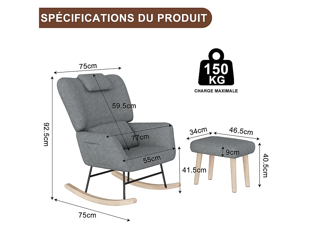 Chaise à bascule avec ottoman - chaise à bascule ergonomique avec appuie-tête et oreiller lombaire, poche latérale - fauteuil d'accent - tissu en peluche - gris