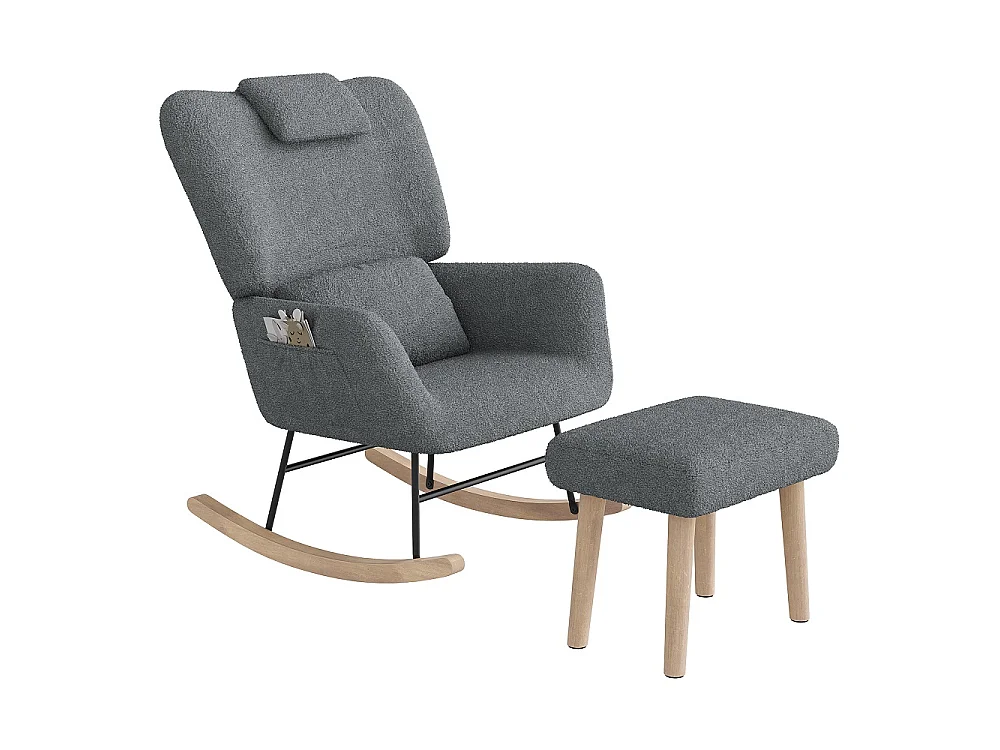 Chaise à bascule avec ottoman - chaise à bascule ergonomique avec appuie-tête et oreiller lombaire, poche latérale - fauteuil d'accent - tissu en peluche - gris