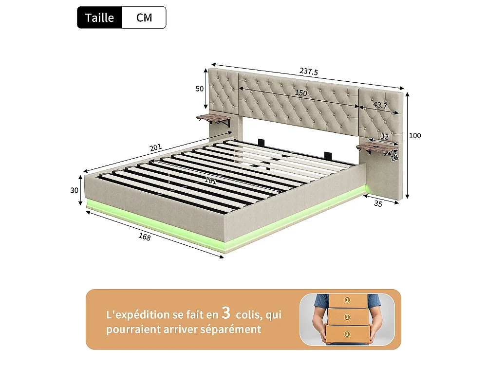 Lit rembourré 160×200 cm - Lit de rangement hydraulique avec 2 étagères latérales Large partie de tête - Lit double avec LED & USB - linge - beige
