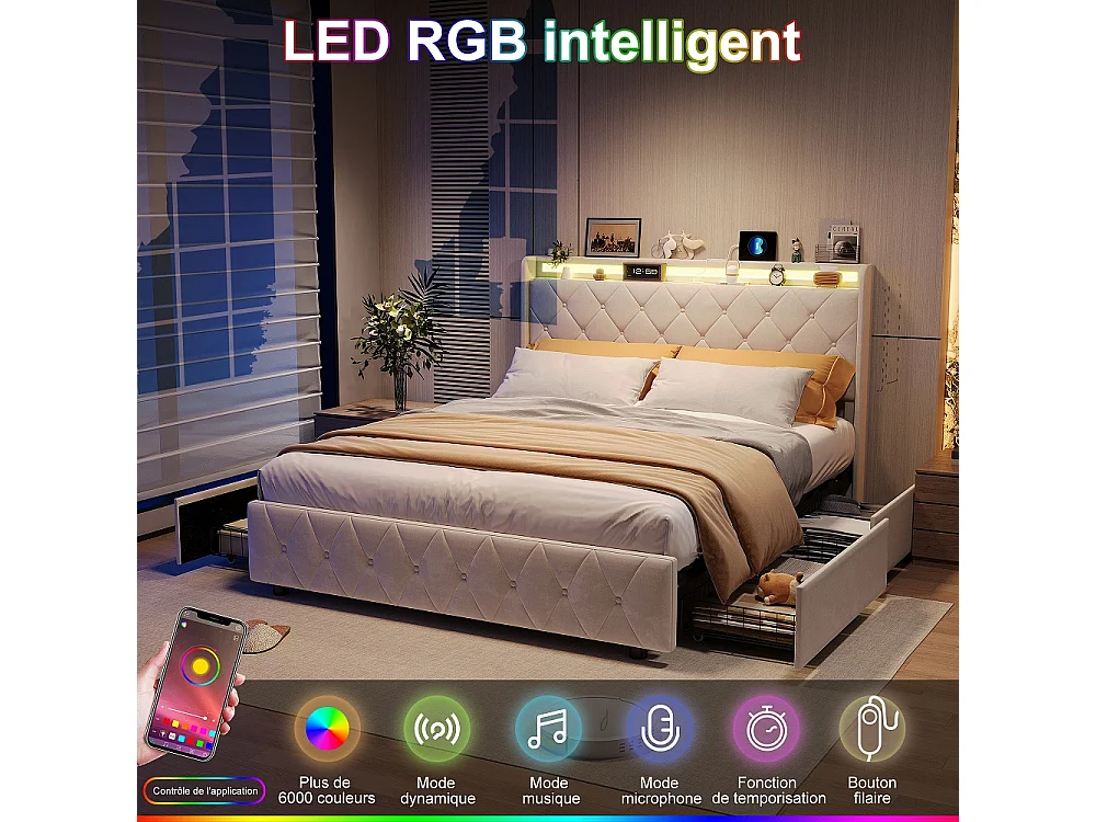 Lit rembourré 160x200 cm - Lit Tufted Diamond avec LED & USB - Lit de rangement avec 4 tiroirs de rangement roulants et lame en bois - Velvet - beige
