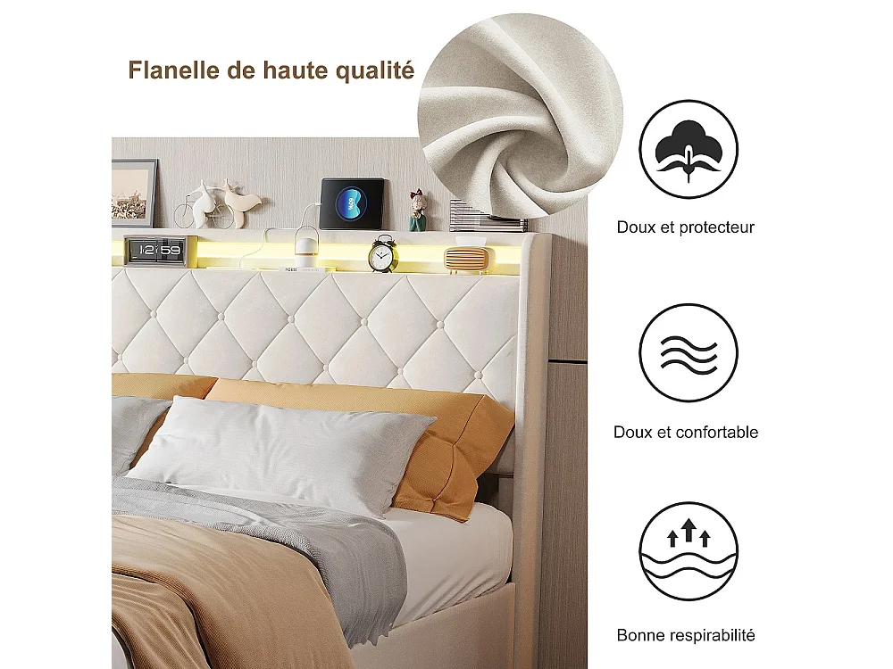 Lit rembourré 160x200 cm - Lit Tufted Diamond avec LED & USB - Lit de rangement avec 4 tiroirs de rangement roulants et lame en bois - Velvet - beige