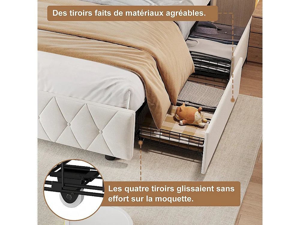 Lit rembourré 160x200 cm - Lit Tufted Diamond avec LED & USB - Lit de rangement avec 4 tiroirs de rangement roulants et lame en bois - Velvet - beige