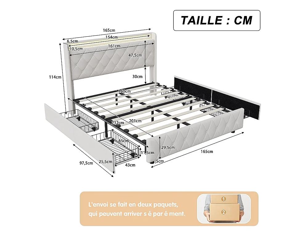 Lit rembourré 160x200 cm - Lit Tufted Diamond avec LED & USB - Lit de rangement avec 4 tiroirs de rangement roulants et lame en bois - Velvet - beige