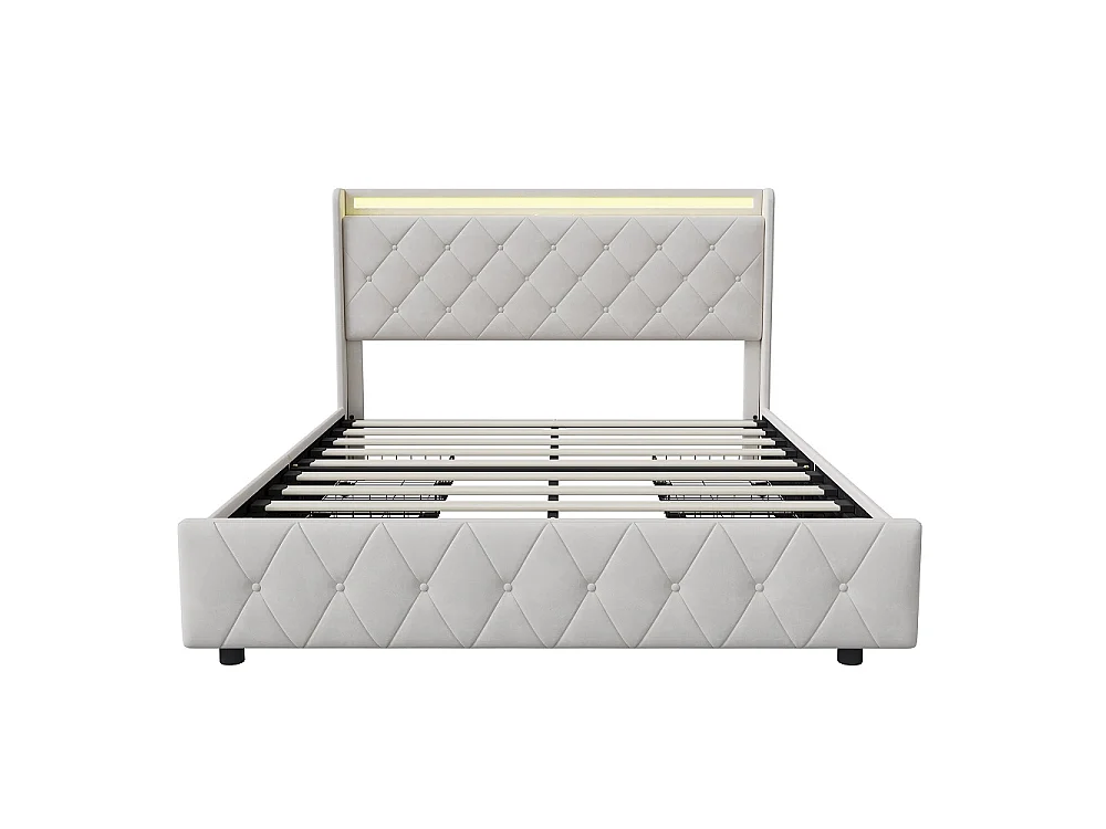 Lit rembourré 160x200 cm - Lit Tufted Diamond avec LED & USB - Lit de rangement avec 4 tiroirs de rangement roulants et lame en bois - Velvet - beige