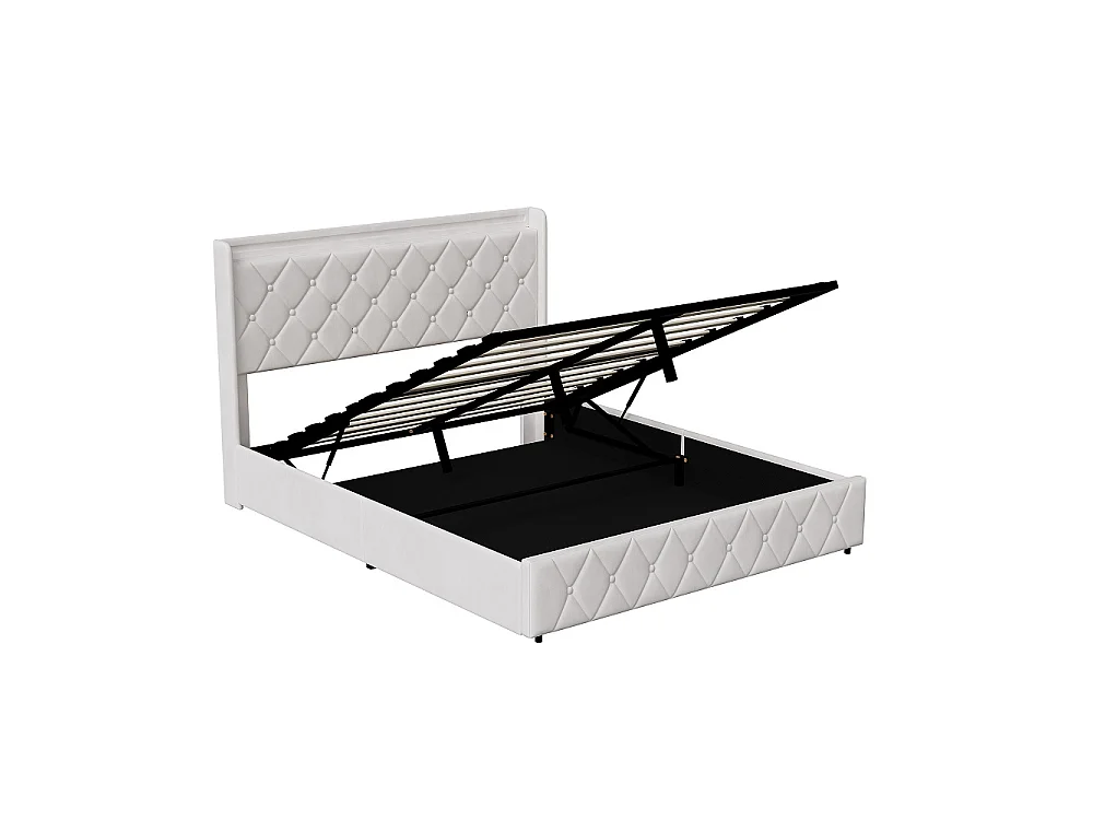 Lit rembourré 140 x 200 cm - Lit de rangement hydraulique avec LED & USB - Lit double avec espace de rangement et cadre à lames -Velvet - Beige