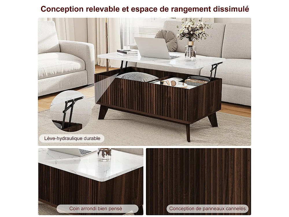 Table basse ascenseur 105×53×42 cm - Table à manger montante avec stockage caché - Faux marbre Table de coffre ascenseur - chocolat