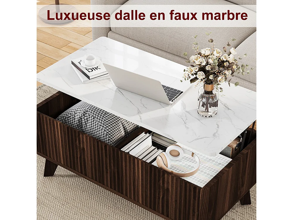 Table basse ascenseur 105×53×42 cm - Table à manger montante avec stockage caché - Faux marbre Table de coffre ascenseur - chocolat