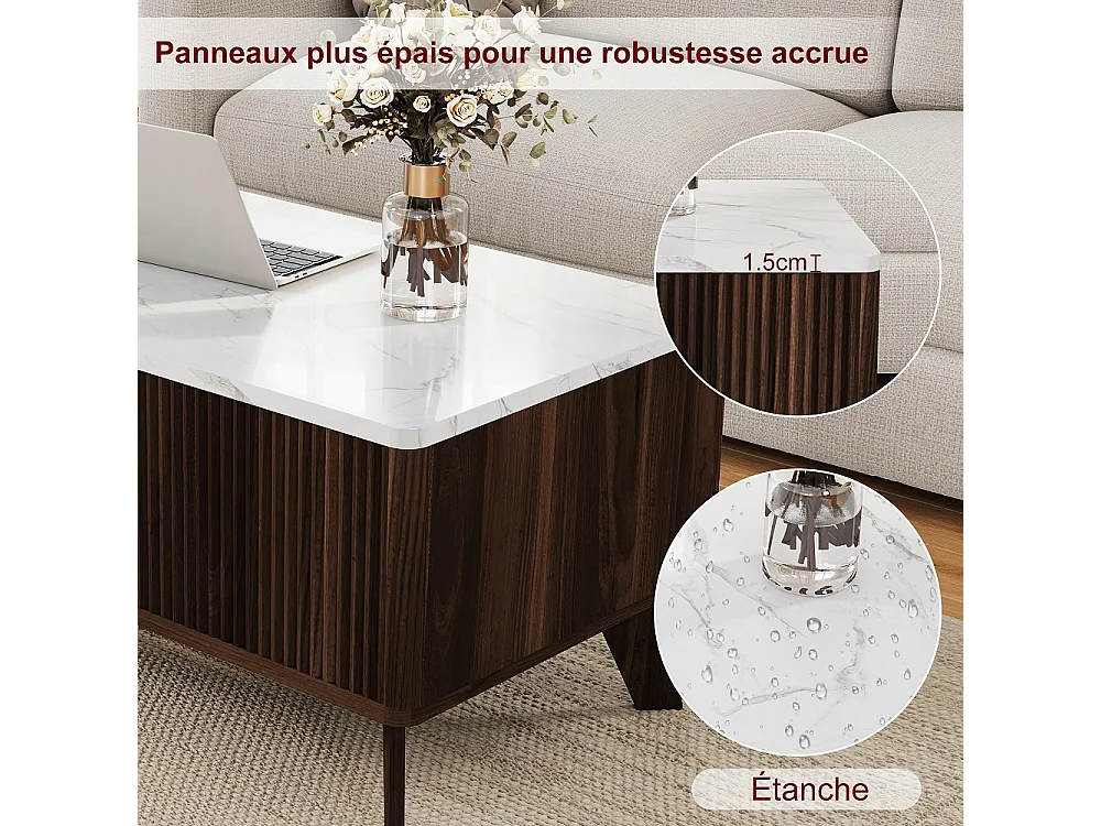 Table basse ascenseur 105×53×42 cm - Table à manger montante avec stockage caché - Faux marbre Table de coffre ascenseur - chocolat
