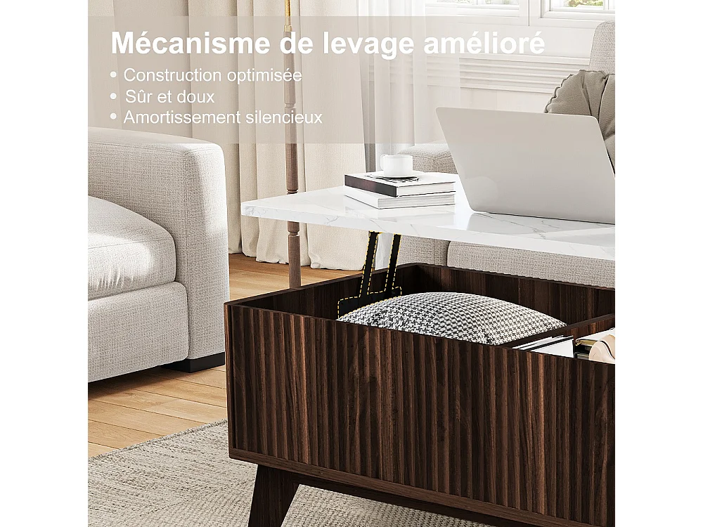 Table basse ascenseur 105×53×42 cm - Table à manger montante avec stockage caché - Faux marbre Table de coffre ascenseur - chocolat