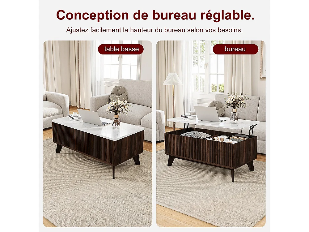 Table basse ascenseur 105×53×42 cm - Table à manger montante avec stockage caché - Faux marbre Table de coffre ascenseur - chocolat