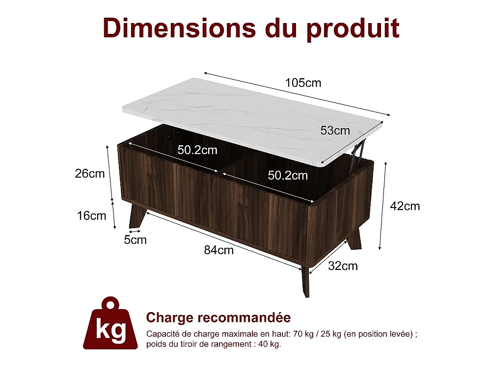 Table basse ascenseur 105×53×42 cm - Table à manger montante avec stockage caché - Faux marbre Table de coffre ascenseur - chocolat