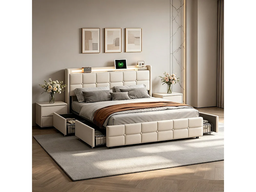 Lit rembourré 140 x 190 cm - Lit double avec LED et USB - Lit de rangement avec 4 tiroirs - Cadre de lit avec tête et cadre à lames - Linge de maison - Beige