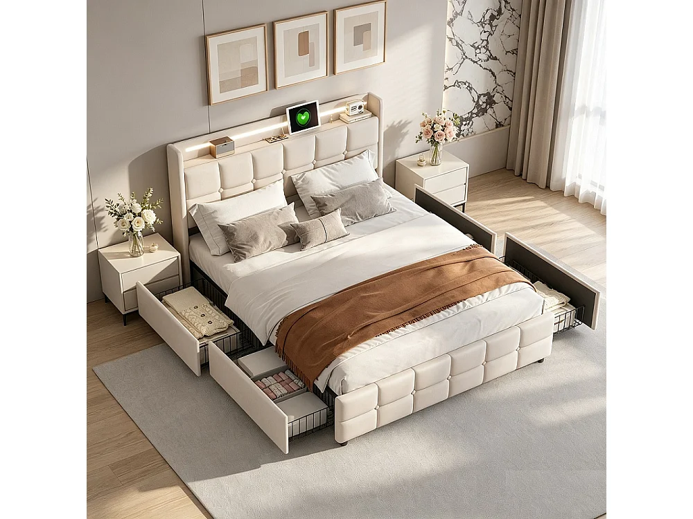 Lit rembourré 140 x 190 cm - Lit double avec LED et USB - Lit de rangement avec 4 tiroirs - Cadre de lit avec tête et cadre à lames - Linge de maison - Beige